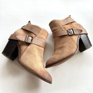 KELSI‎ DAGGER HEELED ANKLE BOOTS STRAP TAN SUEDE BOOTIES WOMENS SIZE 8.5